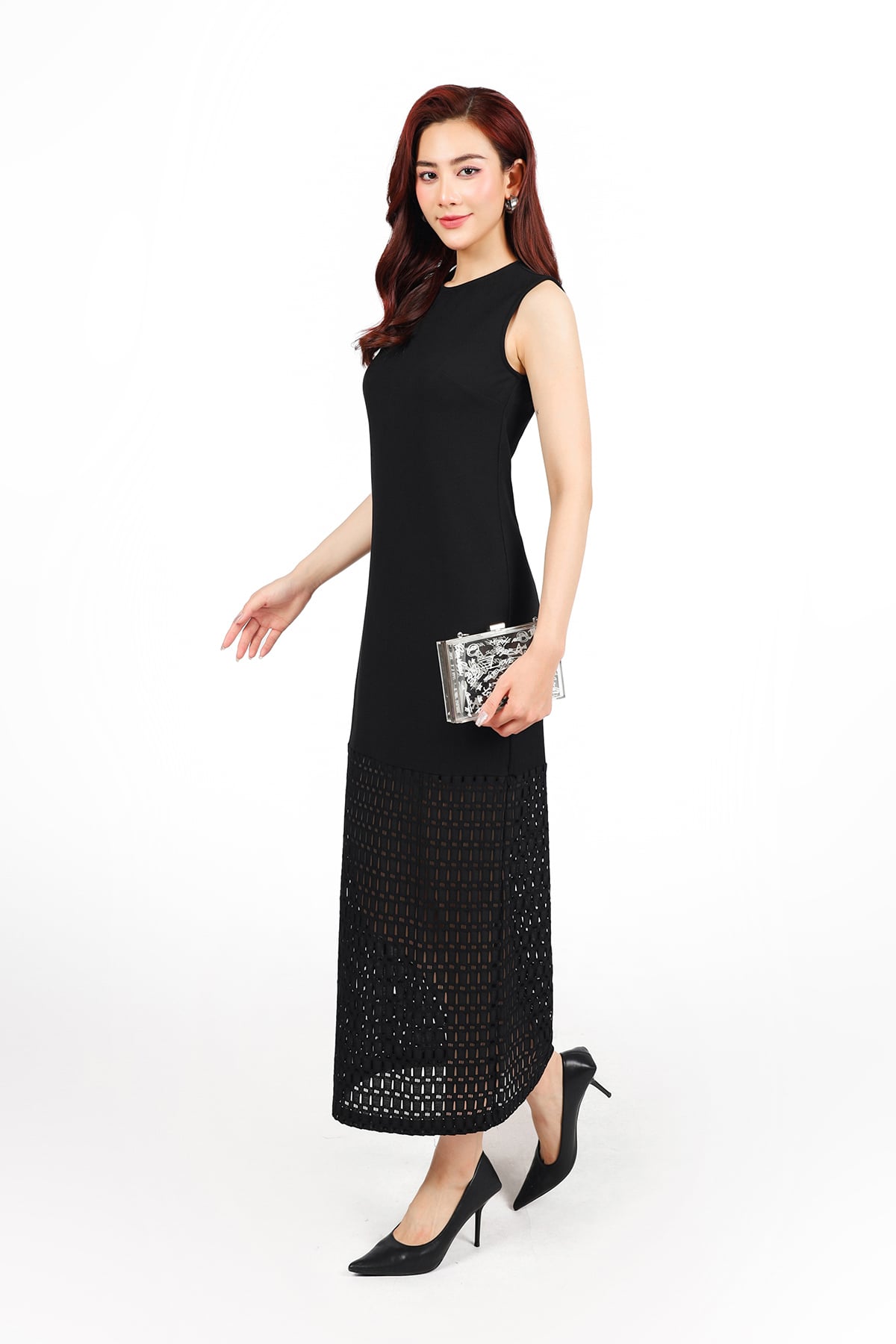 FDD9170 - Đầm dệt kim vải len co giãn dáng suông cổ tròn không tay thân váy phối tầng ren thời trang - PANTIO