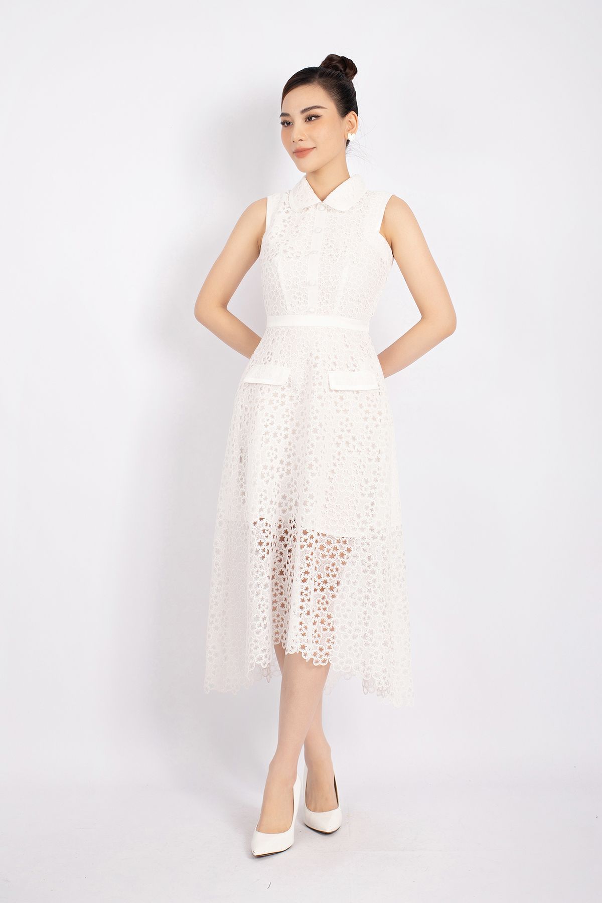 FDH1368 - Đầm dự tiệc vải ren dáng xòe đuôi cá cổ đức phối nẹp đính khuy khóa sườn - PANTIO