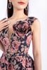 FDH1375 - Đầm công sở vải gấm dáng xòe cổ V phối ren kèm hoa 3D cài áo khóa thân sau - PANTIO