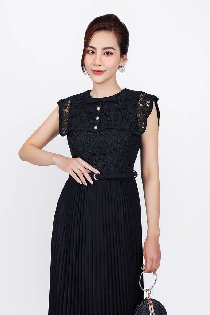 FDH3501 - Đầm dạ hội vải tuyp xy cao cấp dáng suông dài cổ tròn phối ren hoa thân váy xếp ly kèm dây đai thắt eo - PANTIO