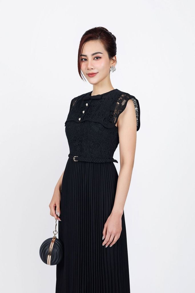 FDH3501 - Đầm dạ hội vải tuyp xy cao cấp dáng suông dài cổ tròn phối ren hoa thân váy xếp ly kèm dây đai thắt eo - PANTIO