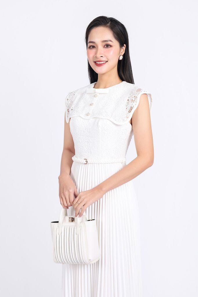 FDH3501 - Đầm dạ hội vải tuyp xy cao cấp dáng suông dài cổ tròn phối ren hoa thân váy xếp ly kèm dây đai thắt eo - PANTIO