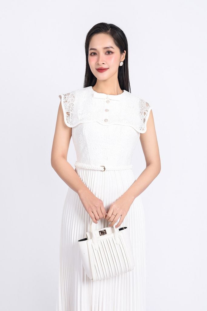 FDH3501 - Đầm dạ hội vải tuyp xy cao cấp dáng suông dài cổ tròn phối ren hoa thân váy xếp ly kèm dây đai thắt eo - PANTIO