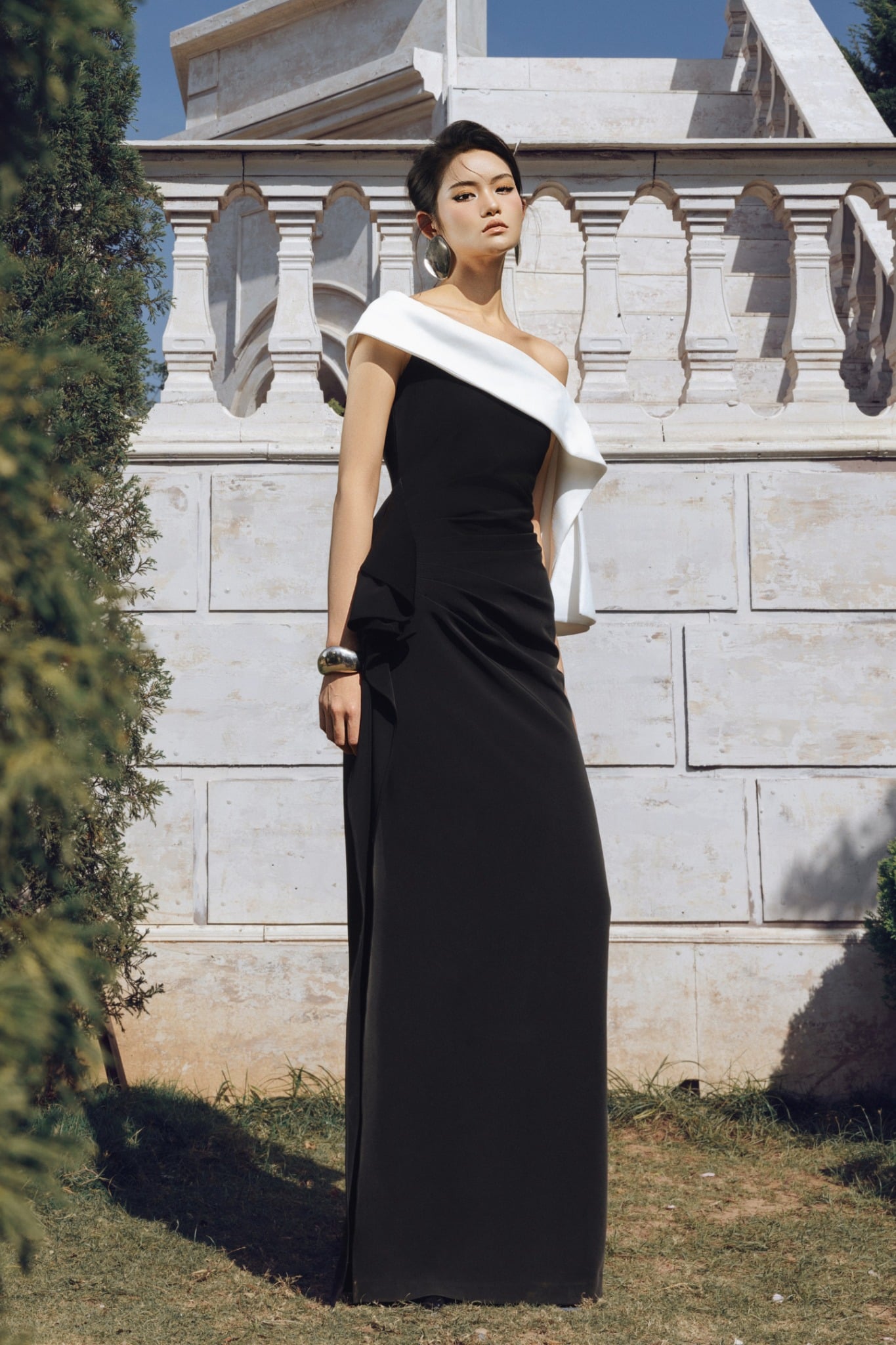 FDH5523 - Đầm dạ hội cao cấp vải thô đũi dáng suông lệch vai phối vạt eo váy nhún lệch tạo kiểu - PANTIO