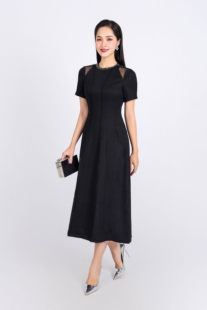FDH5526 - Đầm dạ hội cao cấp vải thô dày dáng A cổ tròn đính đá thời trang vai phối vải lưới tay bồng nhẹ thân váy hoạ tiết đường gân - PANTIO