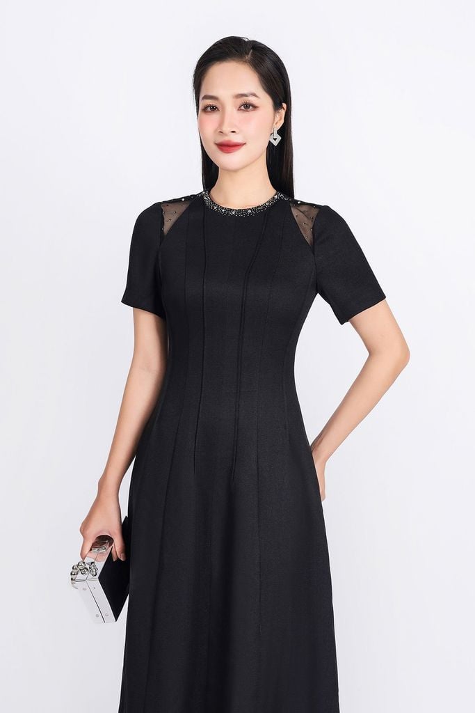 FDH5526 - Đầm dạ hội cao cấp vải thô dày dáng A cổ tròn đính đá thời trang vai phối vải lưới tay bồng nhẹ thân váy hoạ tiết đường gân - PANTIO
