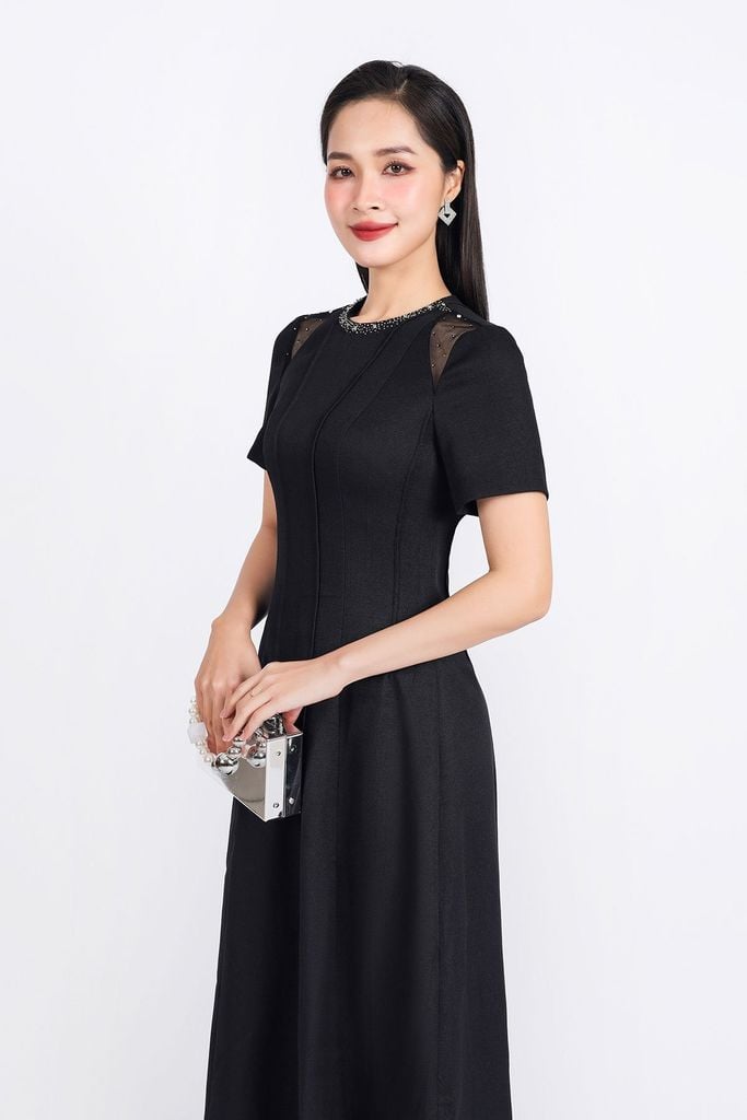 FDH5526 - Đầm dạ hội cao cấp vải thô dày dáng A cổ tròn đính đá thời trang vai phối vải lưới tay bồng nhẹ thân váy hoạ tiết đường gân - PANTIO