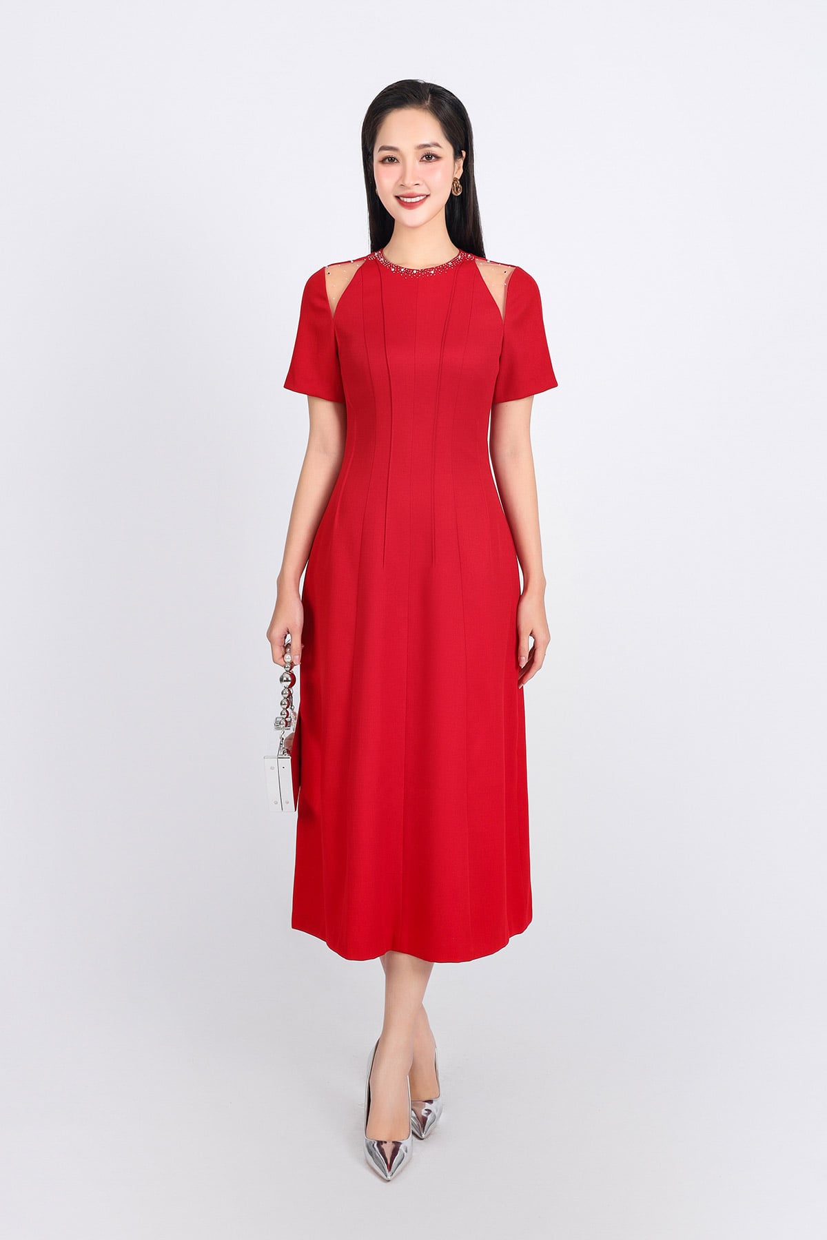 FDH5526 - Đầm dạ hội cao cấp vải thô dày dáng A cổ tròn đính đá thời trang vai phối vải lưới tay bồng nhẹ thân váy hoạ tiết đường gân - PANTIO