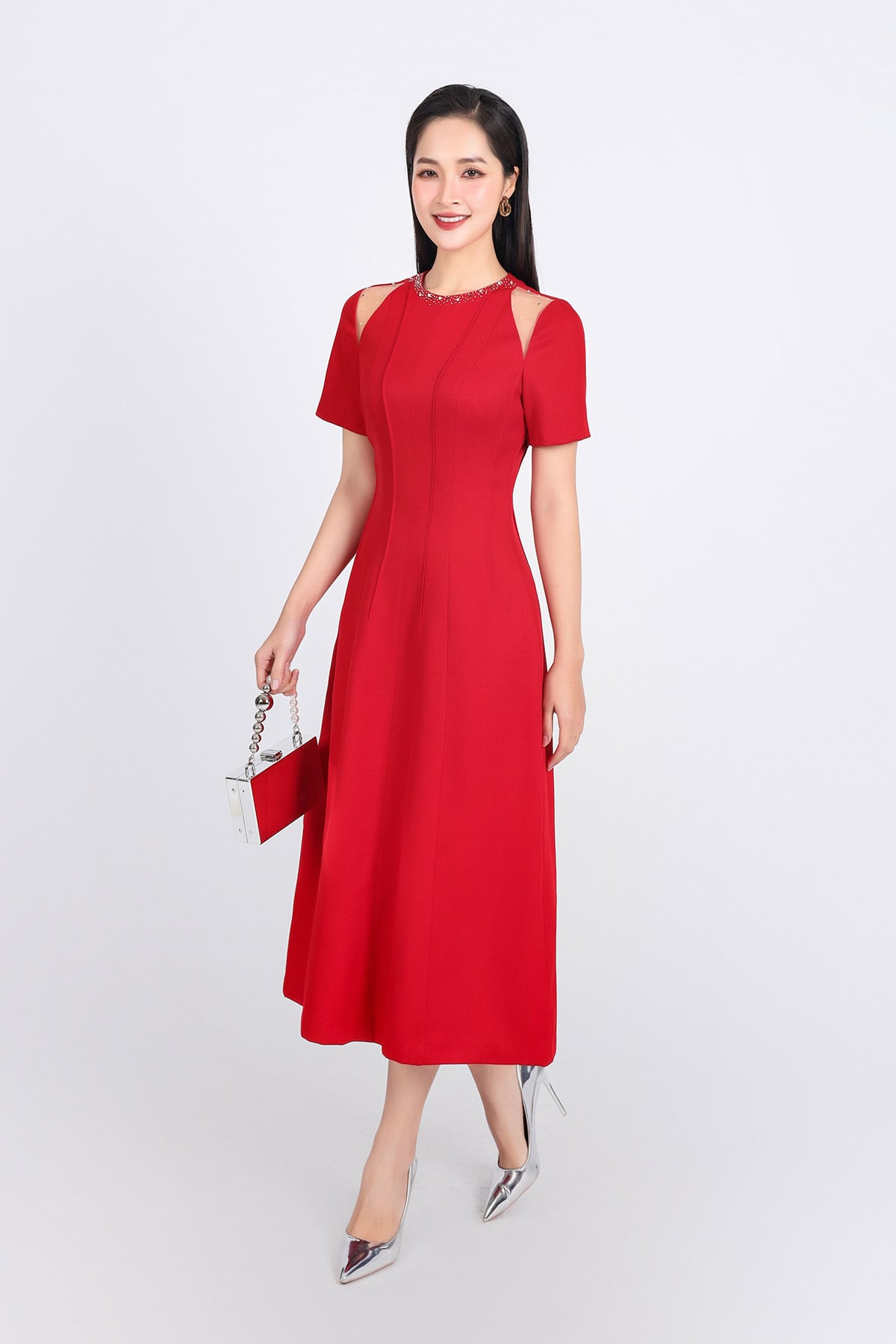 FDH5526 - Đầm dạ hội cao cấp vải thô dày dáng A cổ tròn đính đá thời trang vai phối vải lưới tay bồng nhẹ thân váy hoạ tiết đường gân - PANTIO