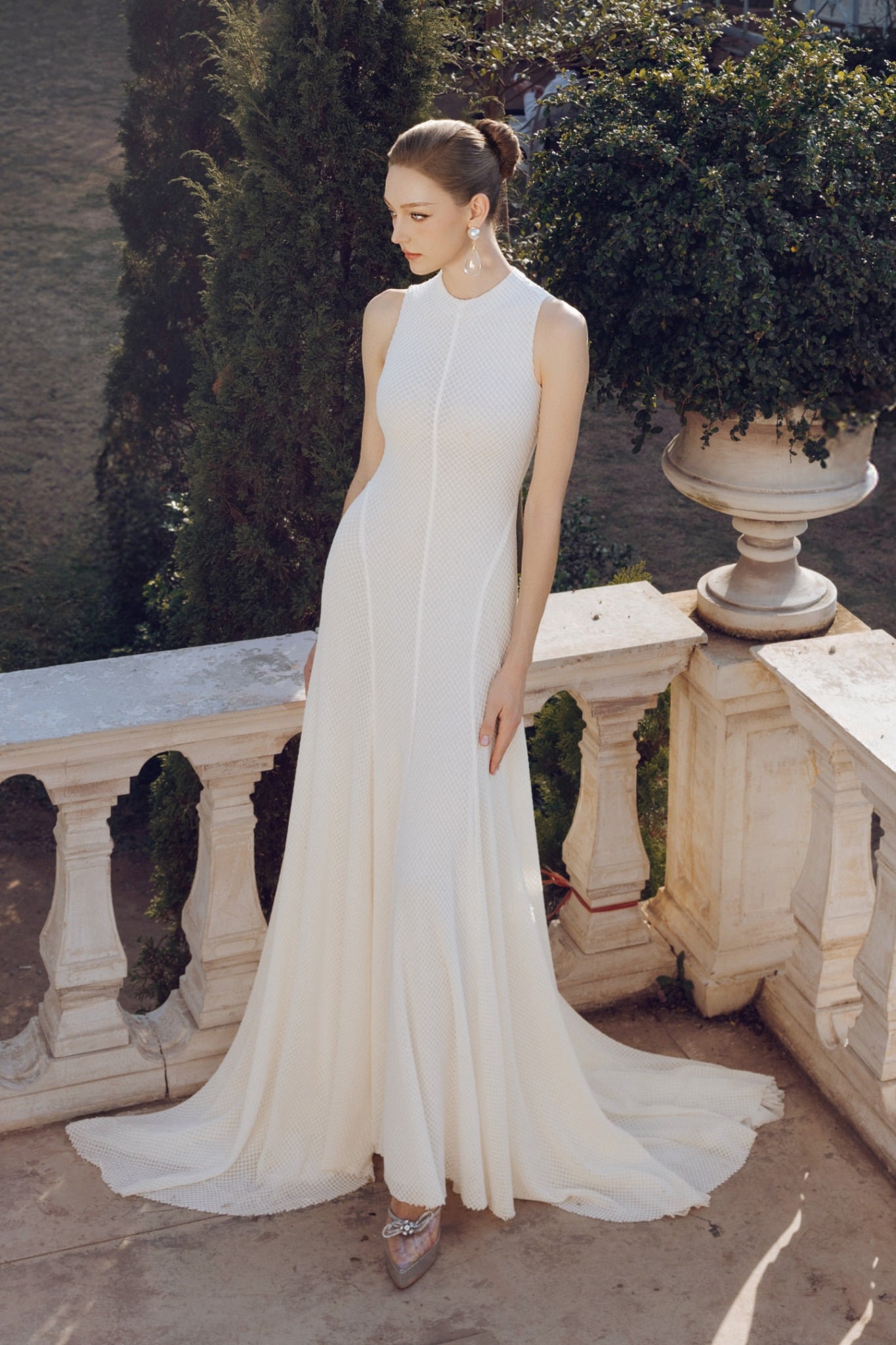 FDH5547 - Đầm dạ hội cao cấp vải len dáng suông dài cổ tròn không tay đuôi váy xoè dài - PANTIO