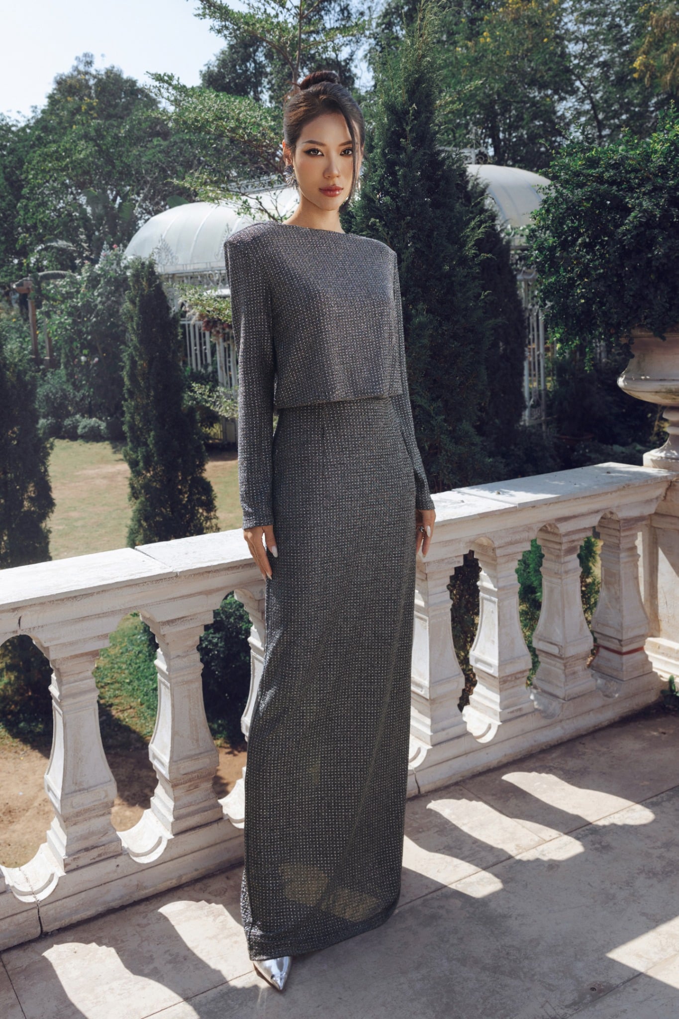 FDH5549 - Đầm dạ hội cao cấp vải len dáng suông cổ tròn đệm vai lưng đổ ly thân sau xẻ tà - PANTIO