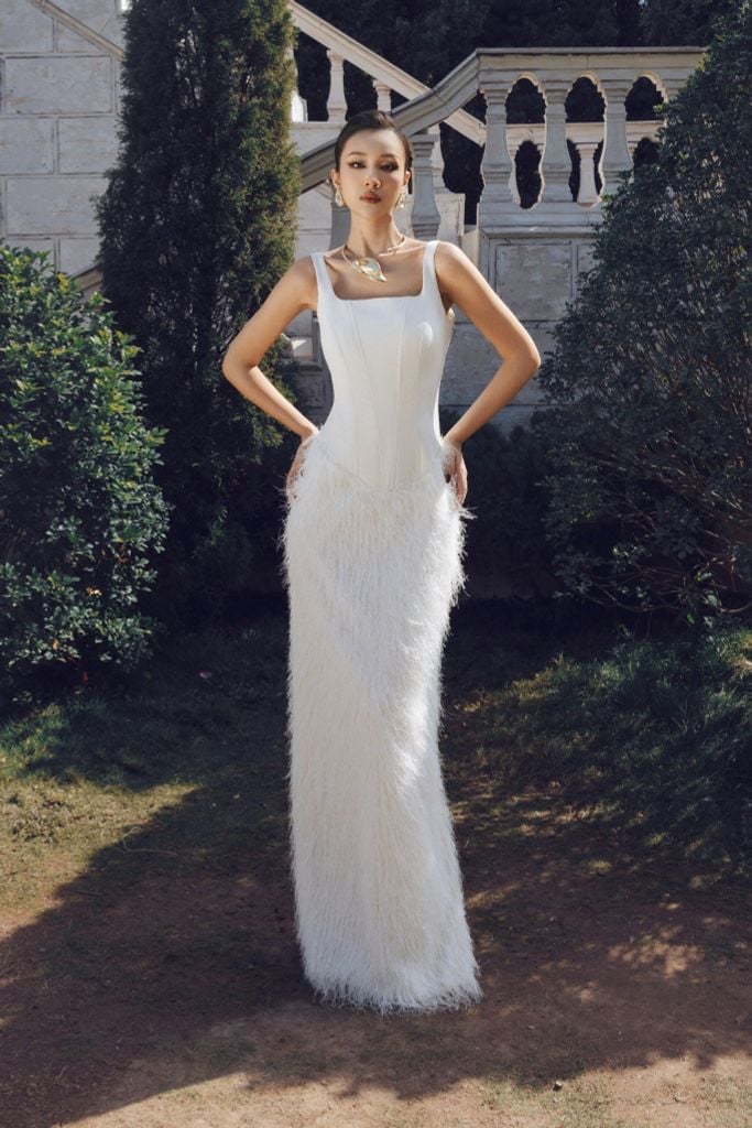 FDH9566 - Đầm dạ hội cao cấp vải thô dày dáng suông hai dây cổ vuông kiểu corset hoạ tiết gân thân váy phối vải lông tạo kiểu - PANTIO