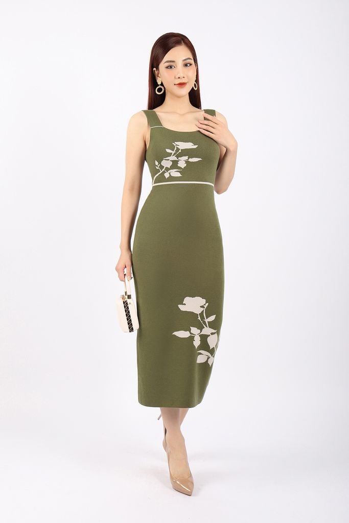 FDO013 - Đầm len cao cấp dáng ôm cổ vuông hai dây bản to thân dệt họa tiết trang trí - PANTIO