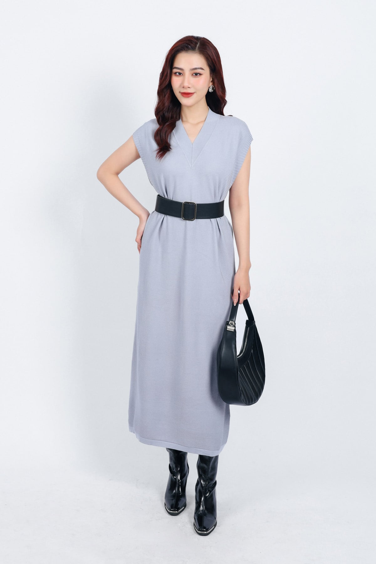 FDO027 - Đầm len gân thời trang cao cấp dáng suông dài cổ xẻ V vai chờm - PANTIO