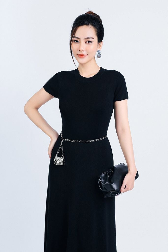 FDO028 - Đầm len thời trang cao cấp dáng ôm cổ tròn tay ngắn thân váy xoè nhẹ - PANTIO