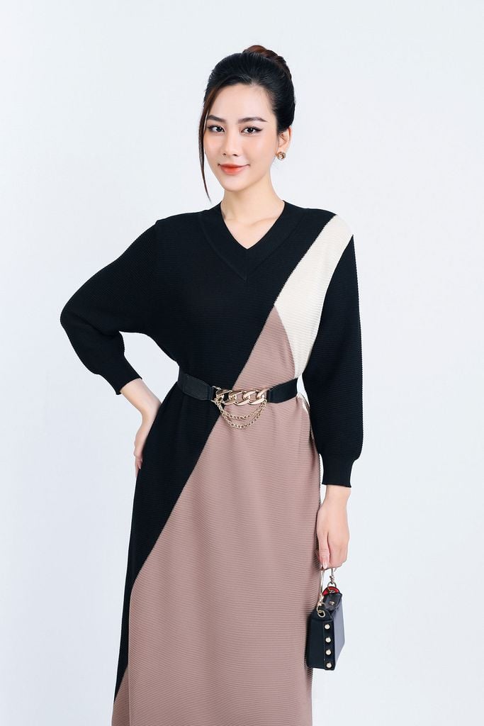 FDO029 - Đầm len cao cấp dáng suông dài cổ chữ V tay bồng nhẹ - PANTIO