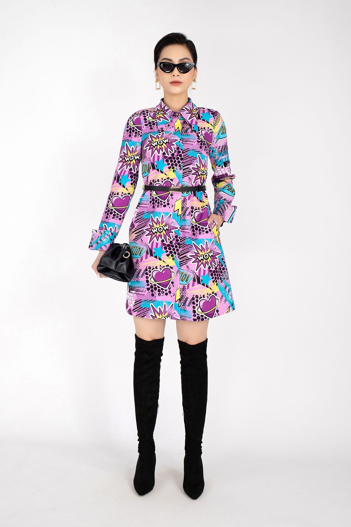 FDP12858 - Đầm dạo phố chất liệu vải thô in họa tiết cổ lá to tay dài măng séc lật gấu - PANTIO