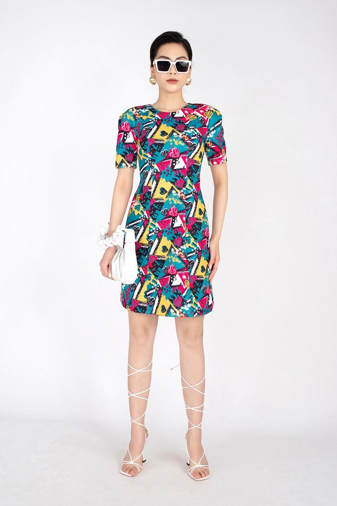 FDP12860 - Đầm dạo phố chất liệu cotton in họa tiết cổ tròn ngắn tay - PANTIO