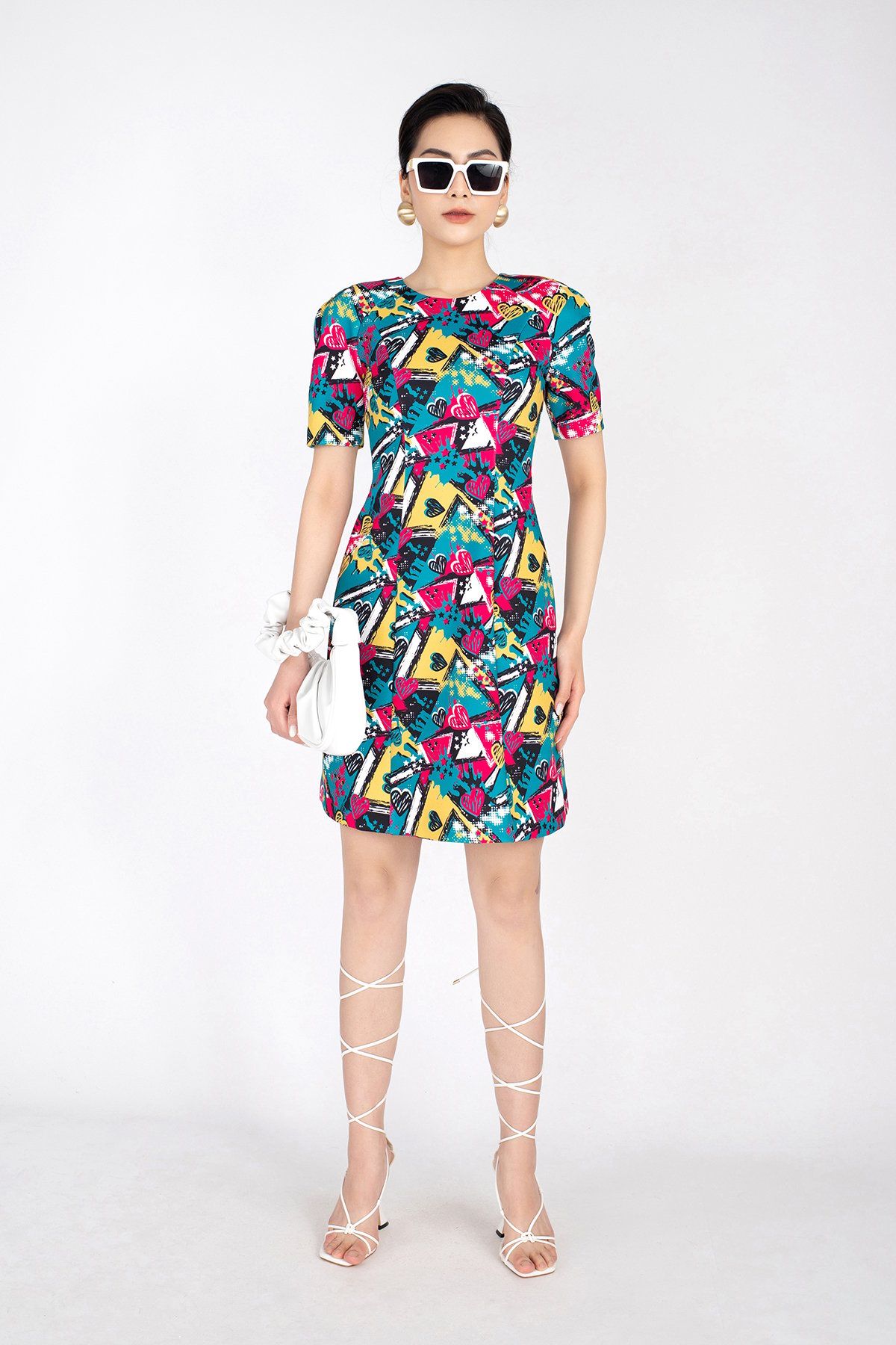 FDP12860 - Đầm dạo phố chất liệu cotton in họa tiết cổ tròn ngắn tay - PANTIO