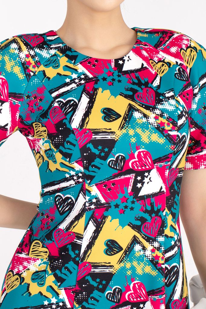 FDP12860 - Đầm dạo phố chất liệu cotton in họa tiết cổ tròn ngắn tay - PANTIO