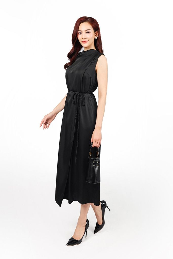 FDP13469 - Đầm dạo phố vải lụa satin dáng suông cổ kiểu xếp nhún eo phối dây thắt tạo kiểu - PANTIO