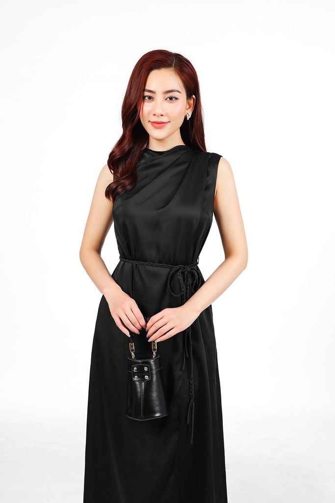 FDP13469 - Đầm dạo phố vải lụa satin dáng suông cổ kiểu xếp nhún eo phối dây thắt tạo kiểu - PANTIO