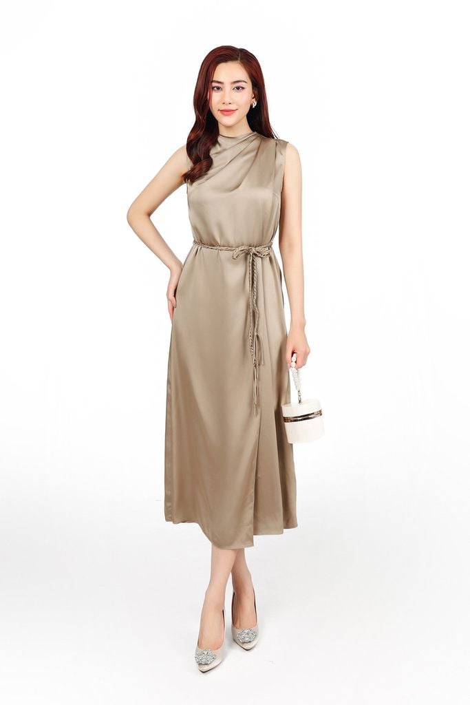 FDP13469 - Đầm dạo phố vải lụa satin dáng suông cổ kiểu xếp nhún eo phối dây thắt tạo kiểu - PANTIO