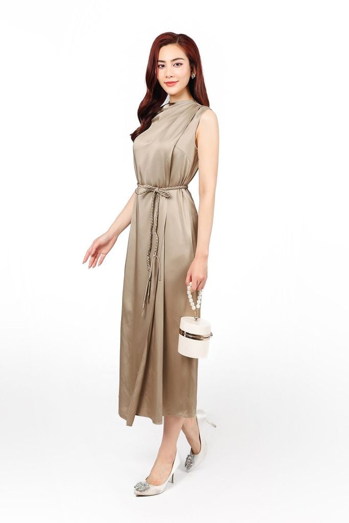 FDP13469 - Đầm dạo phố vải lụa satin dáng suông cổ kiểu xếp nhún eo phối dây thắt tạo kiểu - PANTIO