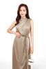FDP13469 - Đầm dạo phố vải lụa satin dáng suông cổ kiểu xếp nhún eo phối dây thắt tạo kiểu - PANTIO