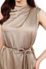 FDP13469 - Đầm dạo phố vải lụa satin dáng suông cổ kiểu xếp nhún eo phối dây thắt tạo kiểu - PANTIO