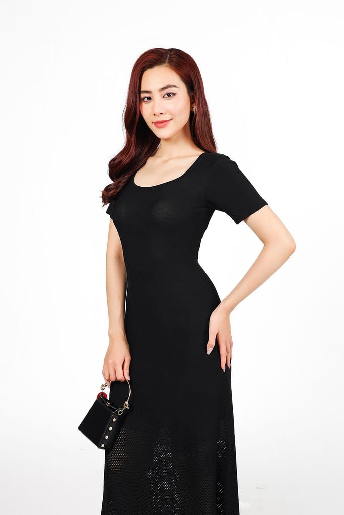 FDP13473 - Đầm dạo phố vải len co giãn dáng suông cổ tròn tay ngắn thời trang - PANTIO