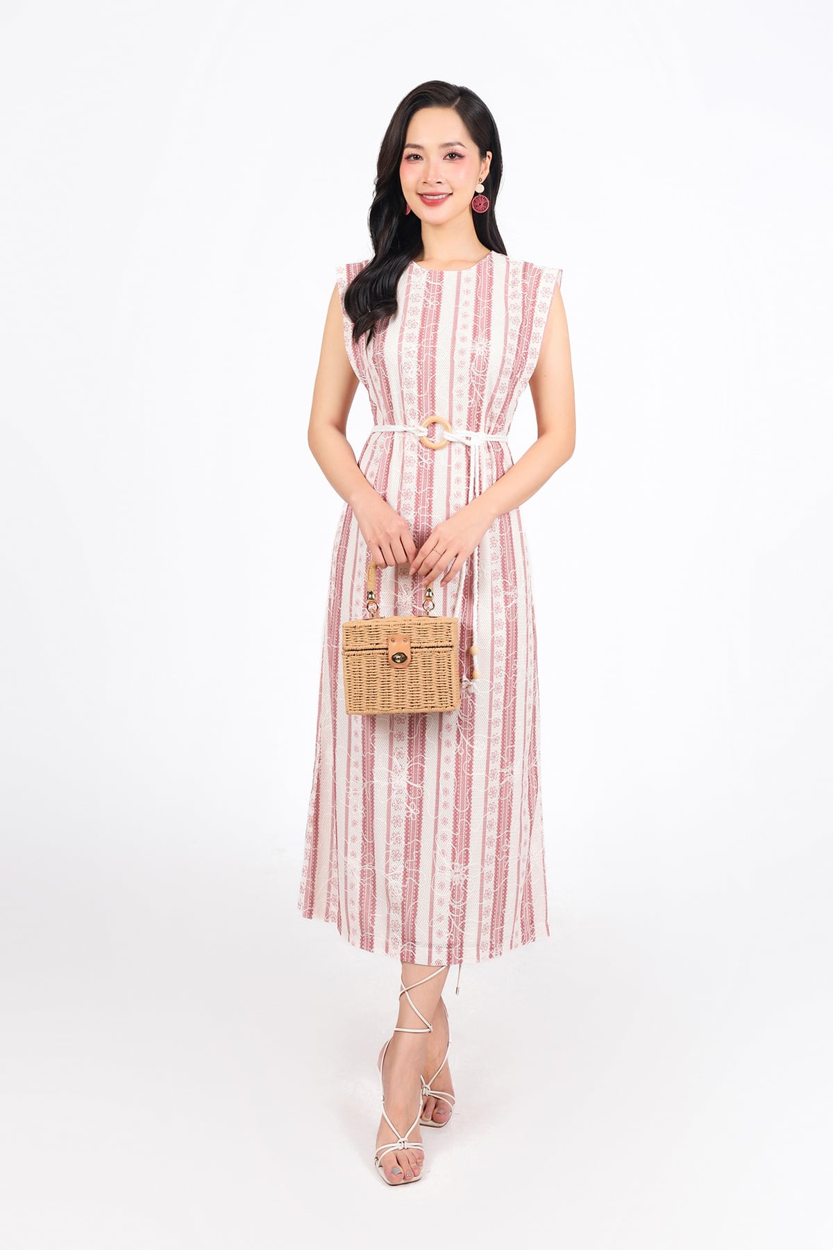 FDP13476 - Đầm dạo phố vải lưới hai lớp dáng suông cổ tròn vai chờm kèm dây thắt eo tạo kiểu - PANTIO