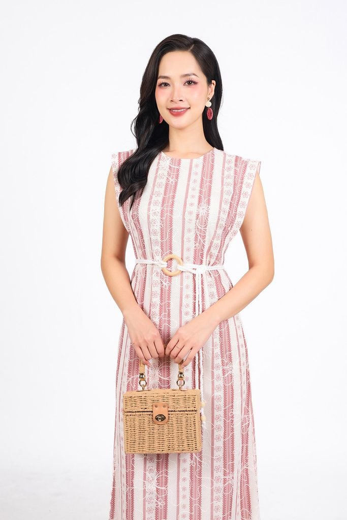 FDP13476 - Đầm dạo phố vải lưới hai lớp dáng suông cổ tròn vai chờm kèm dây thắt eo tạo kiểu - PANTIO