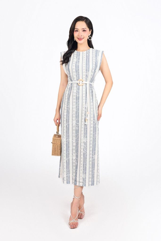 FDP13476 - Đầm dạo phố vải lưới hai lớp dáng suông cổ tròn vai chờm kèm dây thắt eo tạo kiểu - PANTIO