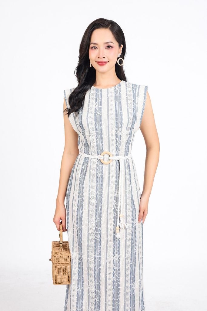 FDP13476 - Đầm dạo phố vải lưới hai lớp dáng suông cổ tròn vai chờm kèm dây thắt eo tạo kiểu - PANTIO