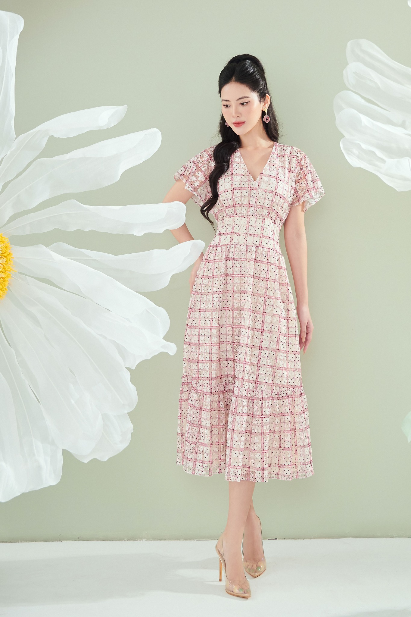 FDP32893 - tylekeo88 tv vải ren dáng xòe cổ V tay xẻ cánh tiên - tỷ lệ kèo 8899