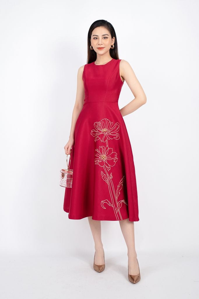 FDP32928 - Đầm dự tiệc vải tafta dáng xòe chân váy thêu hoa đính ngọc trai - PANTIO