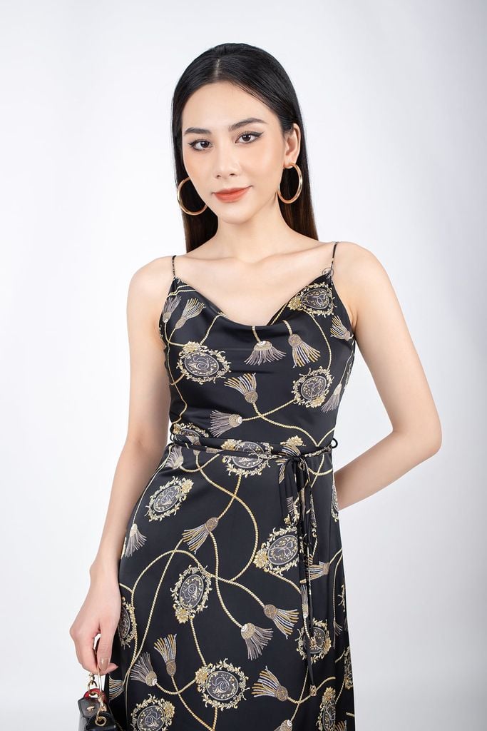 FDP32938 - Đầm dạo phố vải lụa dáng ôm A hai dây cổ đổ kèm dây buộc đai eo - PANTIO