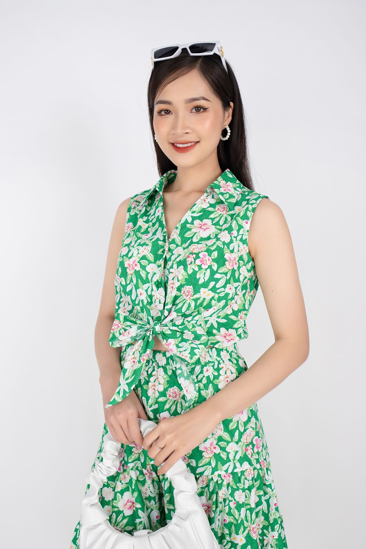 FDP32943 - Đầm dạo phố vải thô dáng xòe thân trước giả sơ mi eo buộc nơ - PANTIO