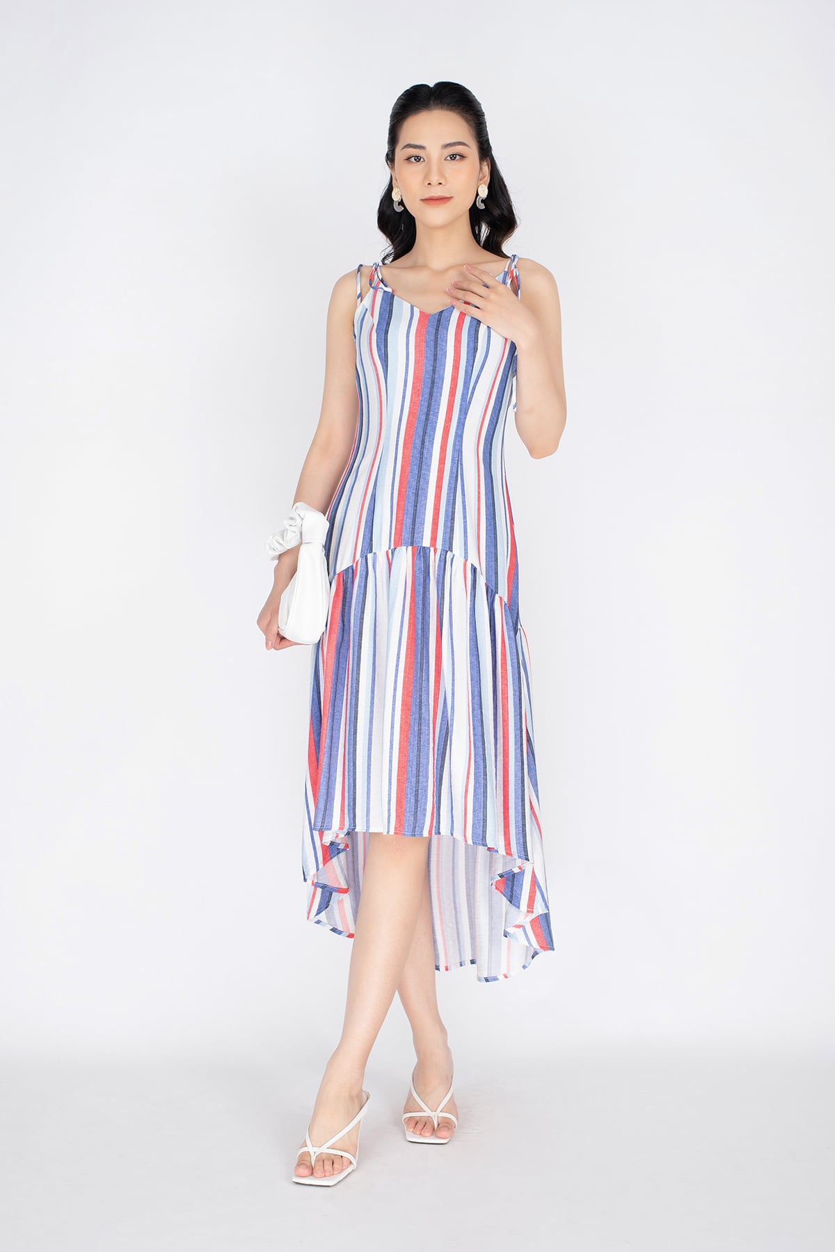 FDP32948 - tylekeo88 tv vải linen dáng xòe cổ V hai dây chân xếp đuôi cá - tỷ lệ kèo 8899