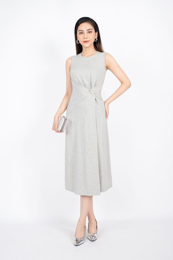 FDP32949 - Đầm dạo phố vải cotton dáng A cổ tròn tà chồng phối cài trang trí - PANTIO