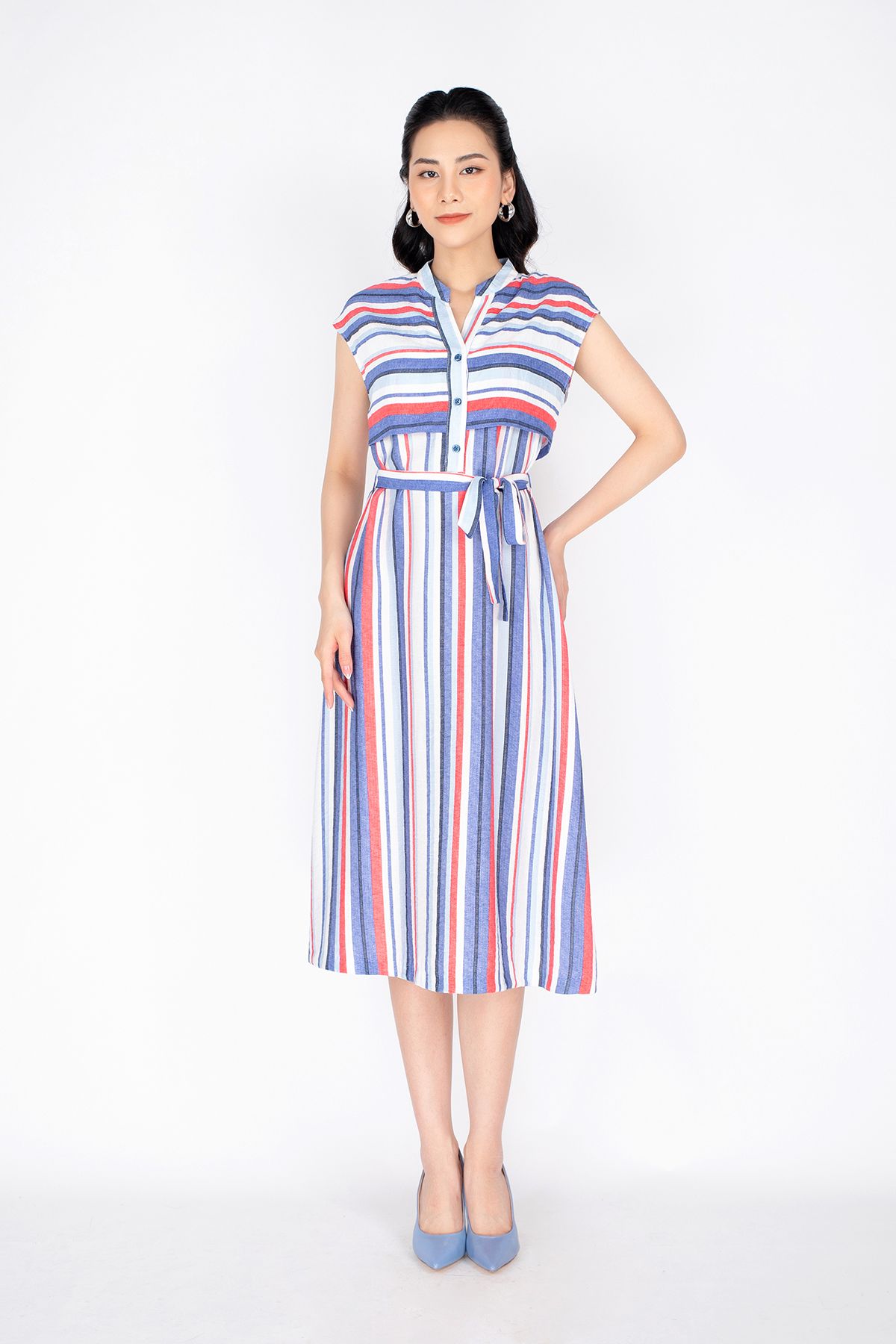 FDP32958 - Đầm dạo phố vải linen dáng A kèm đai cùng vải - PANTIO