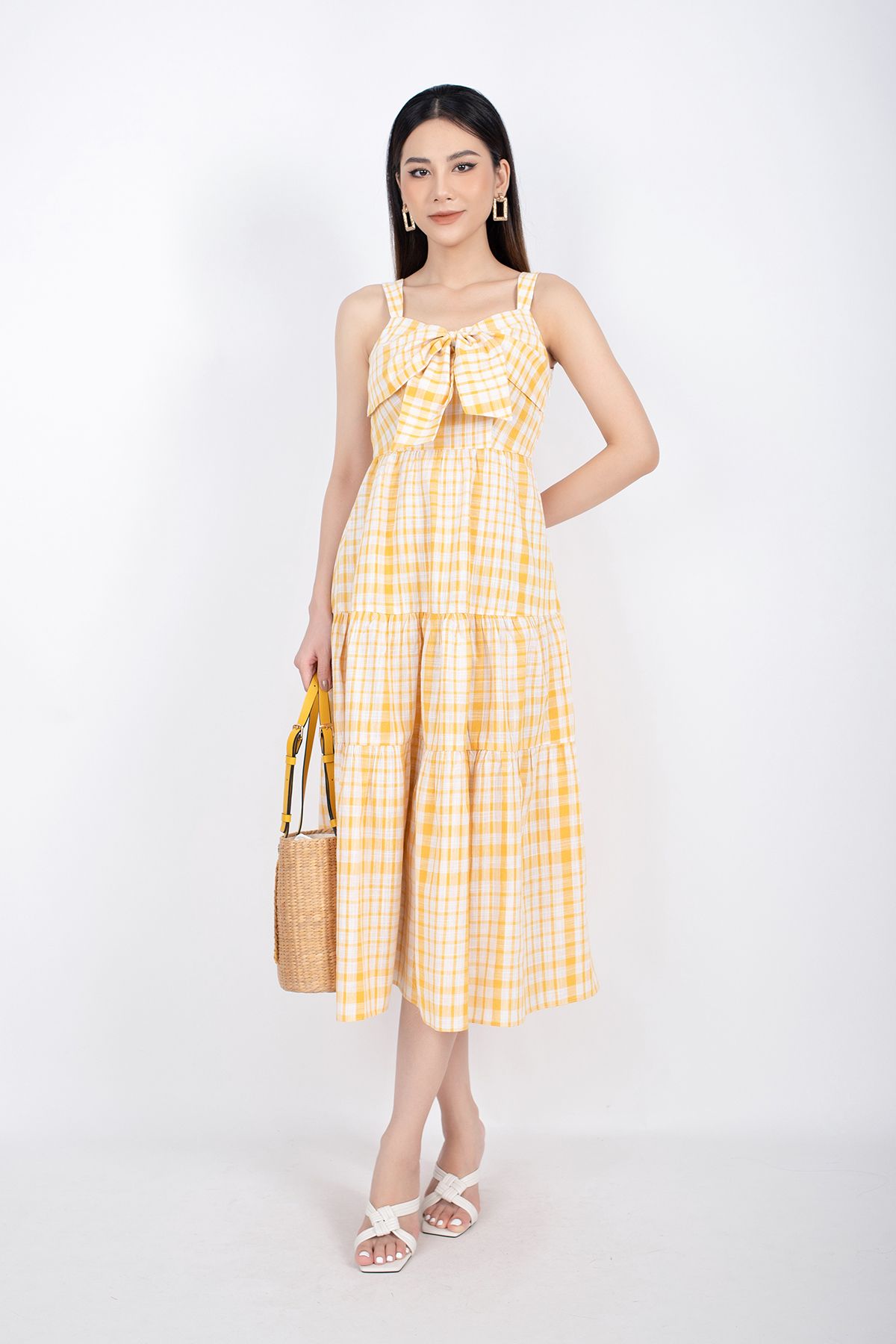 FDP32960 - Đầm dạo phố vải linen dáng xòe chân váy xếp tầng thân ngực tạo nơ 3D - PANTIO