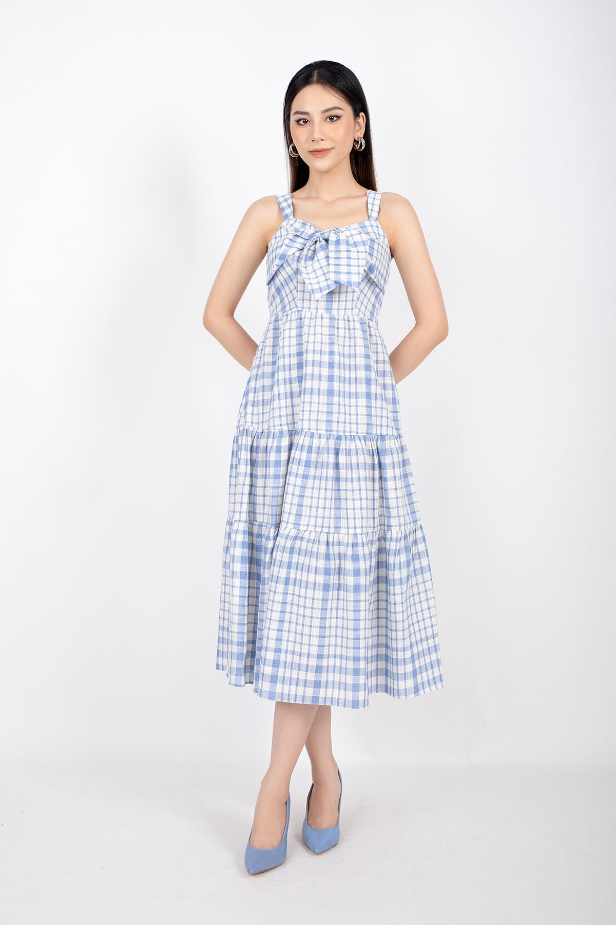 FDP32960 - Đầm dạo phố vải linen dáng xòe chân váy xếp tầng thân ngực tạo nơ 3D - PANTIO