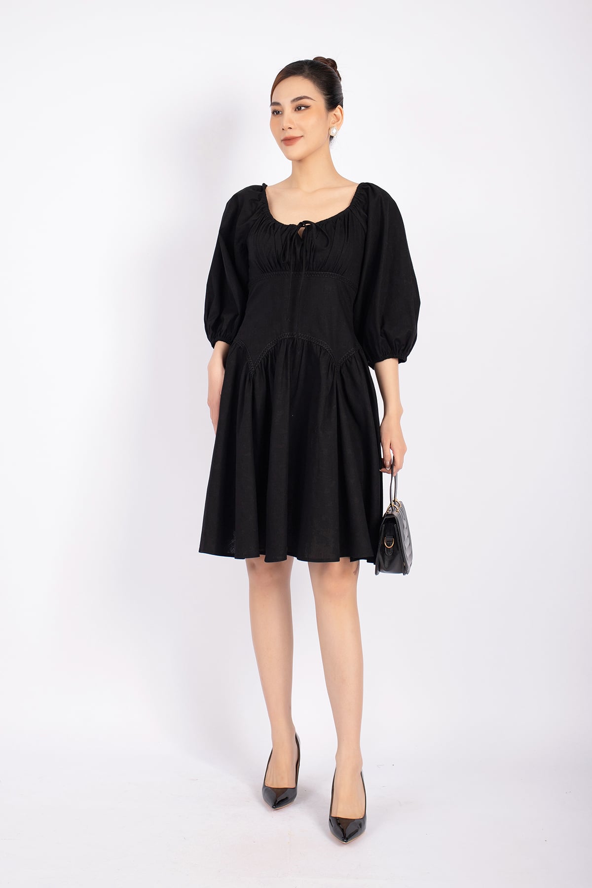 FDP32982 - Đầm dạo phố vải linen dáng Xoè cổ vuông rút chun thân ngực xếp nhún tay bồng eo bo chun - PANTIO