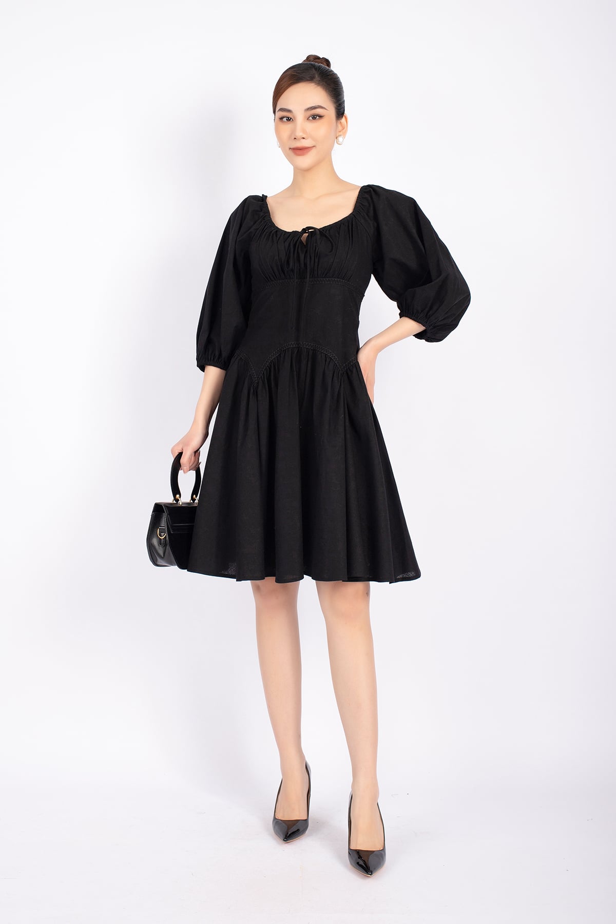 FDP32982 - Đầm dạo phố vải linen dáng Xoè cổ vuông rút chun thân ngực xếp nhún tay bồng eo bo chun - PANTIO