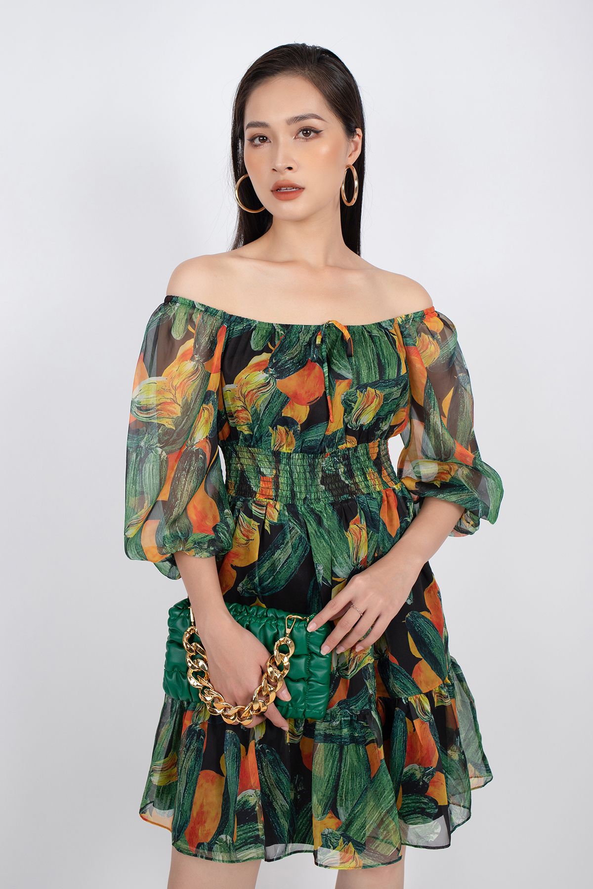 FDP32984 - Đầm dạo phố vải voan dáng Xoè vai trễ rút chun đai eo chạy smocking - PANTIO