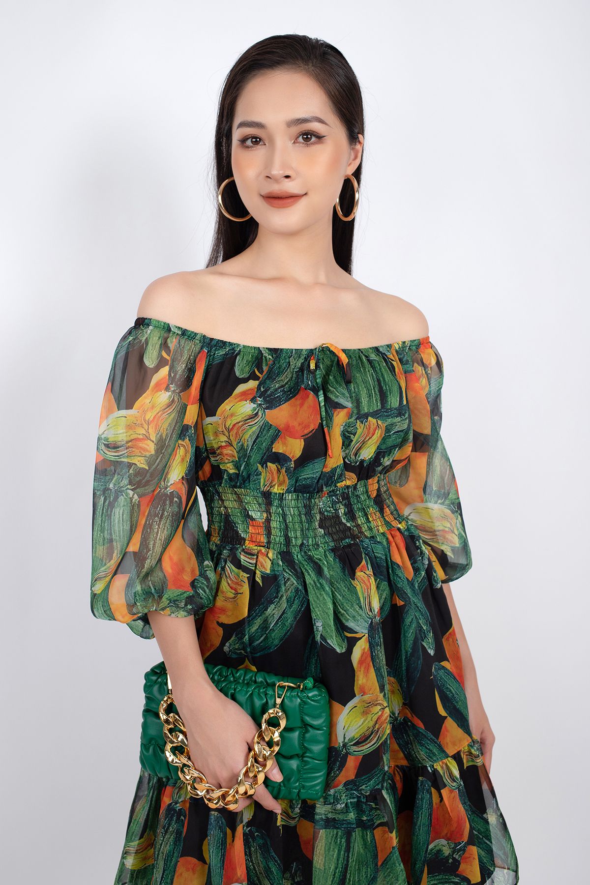 FDP32984 - Đầm dạo phố vải voan dáng Xoè vai trễ rút chun đai eo chạy smocking - PANTIO