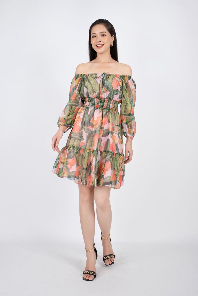 FDP32984 - Đầm dạo phố vải voan dáng Xoè vai trễ rút chun đai eo chạy smocking - PANTIO