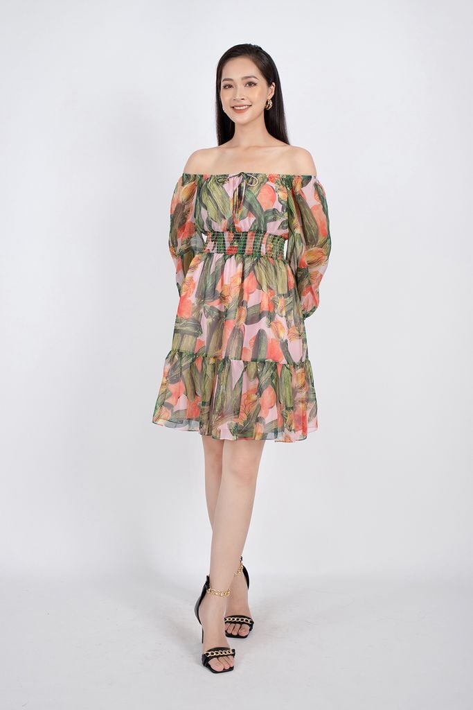 FDP32984 - Đầm dạo phố vải voan dáng Xoè vai trễ rút chun đai eo chạy smocking - PANTIO